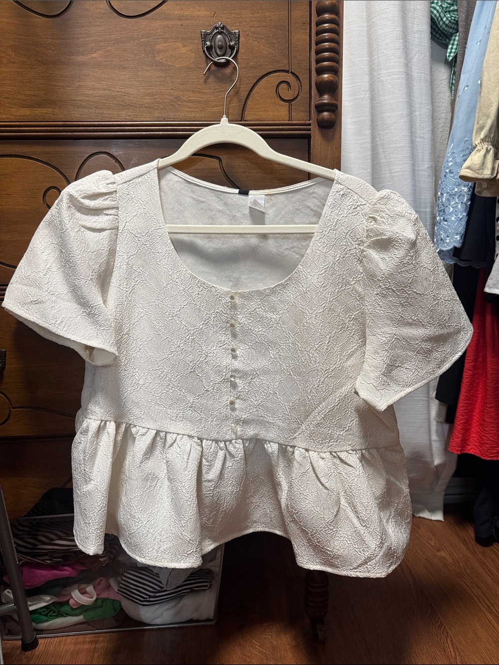 Cream Textured Peplum Short-Sleeve Top